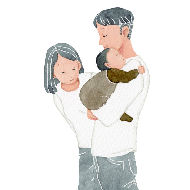 семья с ребенком и родителями - illustration and painting watercolor painting people couple stock illustrations