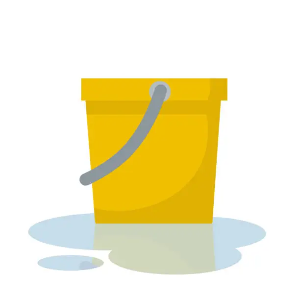 Vector illustration of Yellow Bucket. Element of cleaning house. object with handle. puddle of blue water. Wet floor. Cartoon flat illustration