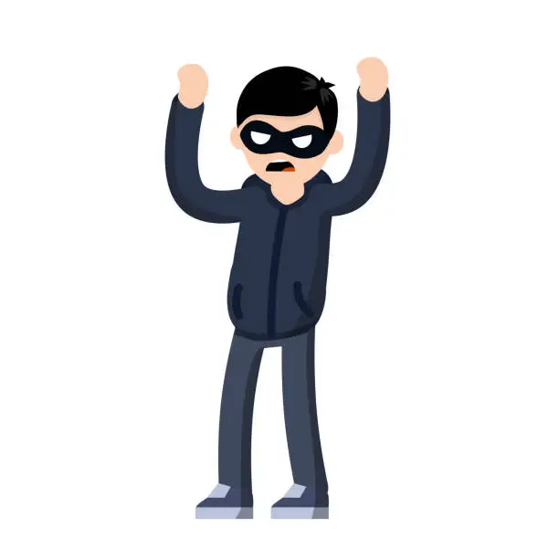 Vector illustration of Thief raised hands. Man in black robber mask. Cartoon flat illustration. Detention of criminals. Bank robbery. Arrest the guy in dark cloth