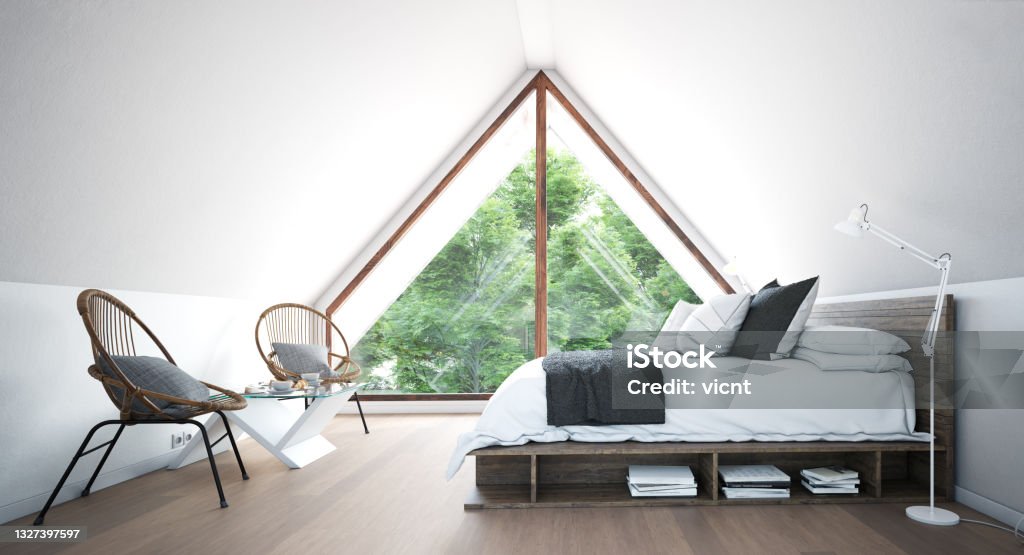 modern attic bedroom interior. modern attic bedroom interior. 3d illustration design concept Attic Stock Photo