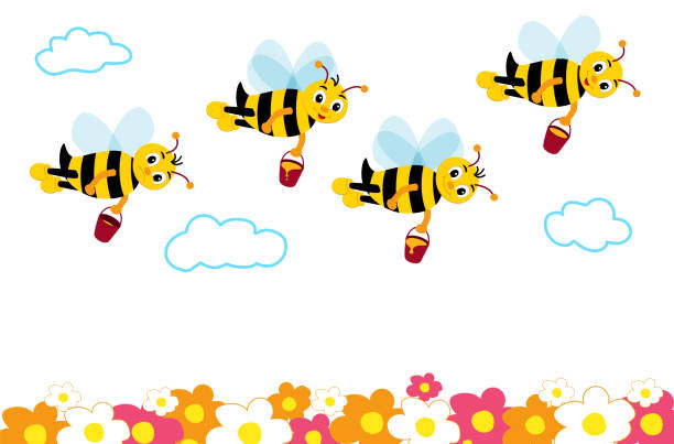 Many cute bees fly with honey over flowers. Many cute bees fly with honey over flowers. Happy bees and one sad without honey. Smiling cartoon character bee. Vector illustration on white background. hornet swarm stock illustrations