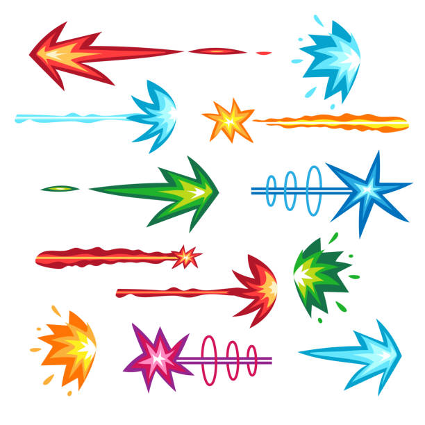 Futuristic laser gun shot beam vector set Futuristic laser gun shot vector set. Computer game beam collection. Colorful fireballs for cosmic army ray gun. Blaster, laser, singularity or plasma weapon flash  illustrations space invaders game stock illustrations