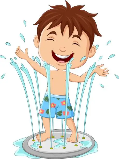 Vector illustration of Cartoon little boy playing water fountain