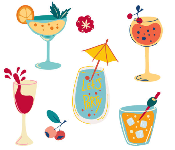 ilustrações de stock, clip art, desenhos animados e ícones de set of cocktails. hand draw alcoholic beverages, refreshing cocktails with ice cubes, berries and olives. summer vacation and beach party. created for menu designs. flat cartoon vector illustration - food and drink fruit cartoon illustration and painting