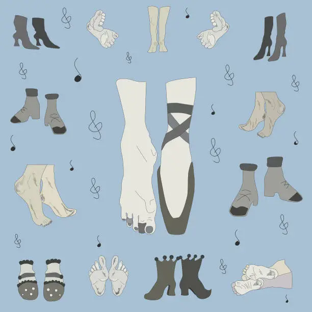 Vector illustration of Human feet in different angles and positions.