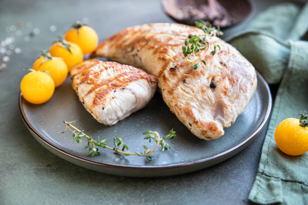 istock Grilled chicken or turkey breast with cherry tomatoes and thyme on a ceramic plate. 1327408810