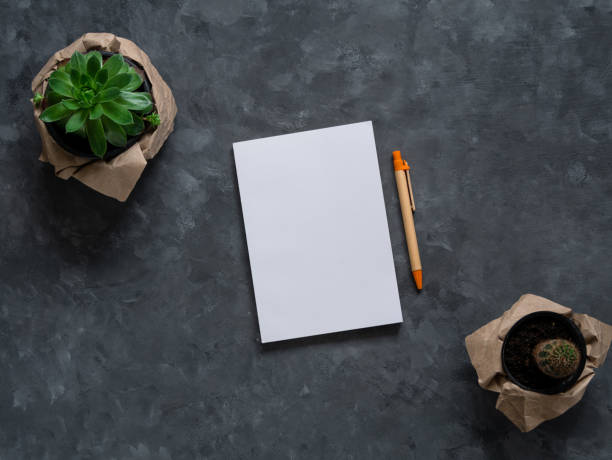 istock White blank notebook mockup dark background flat lay. Minimal work space sketchbook, paper pen, green plant top view. 1327410383
