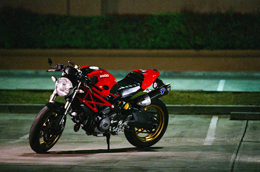 CHIANG MAI, THAILAND - FEB 27 2021 :Ducati Monster 696 at the city street With Fujifilm Superia Venus 800