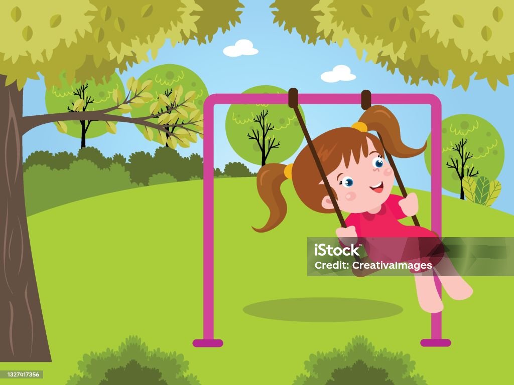 Girl Playing Alone On The Swing At The Park Stock Illustration - Download  Image Now - Child, Swinging, Cheerful - iStock