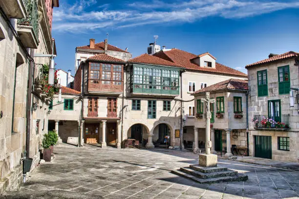 Beautiful Plaza de la Leña of medieval architecture in the Galician city of Pontevedra, Spain