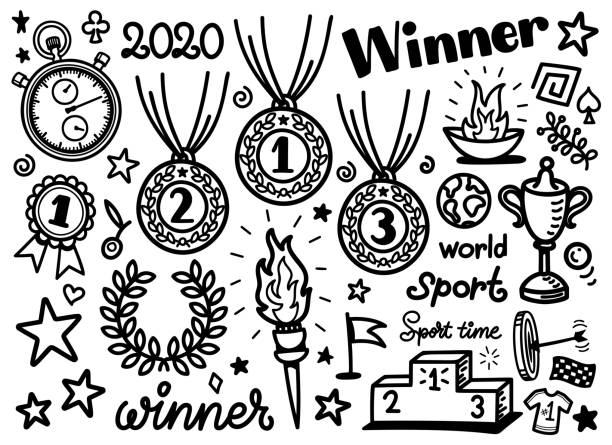 illustrazioni stock, clip art, cartoni animati e icone di tendenza di icone delle attrezzature sportive doodle - the olympic games