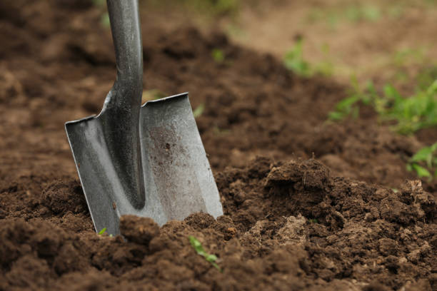 istock Shovel in soil outdoors, space for text. Gardening tool 1327419942