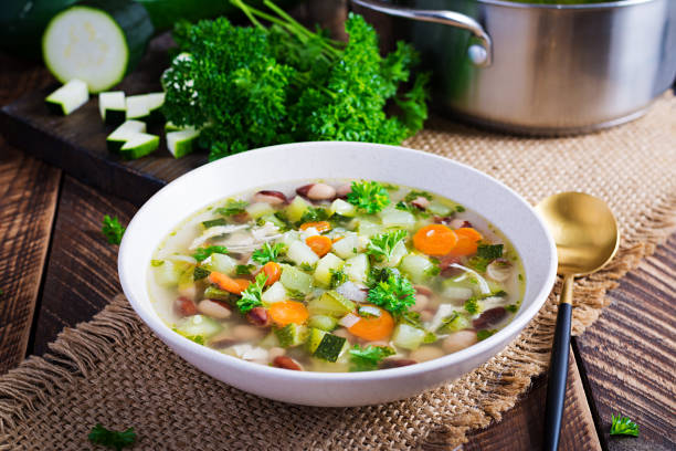 istock Chicken fillet vegetable soup in  bowl on wooden rustic table. 1327421905