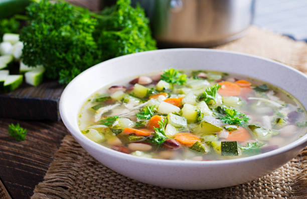 istock Chicken fillet vegetable soup in  bowl on wooden rustic table. 1327421911