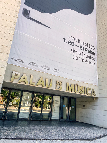 Valencia, Spain - June 27, 2021: Main entrance to the Palau de la Musica. This is a concert, cinema, arts, and exhibition hall located on the dried riverbed of Túria river