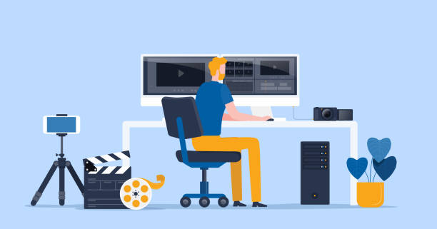 flat vector video production team working and editor making a video clip for online upload concept This file EPS 10 format. This illustration
contains a transparency . multimedia stock illustrations