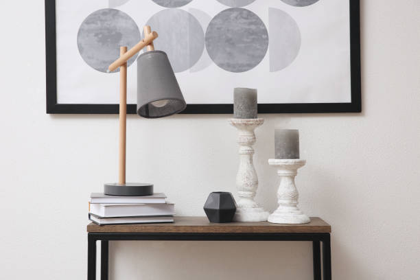 istock Hallway with stylish console table and picture. Interior design 1327425765