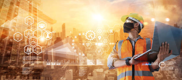 istock Double exposure. Construction worker with mask and laptop computer in hand with icon construction on background of site in the city. 1327426662