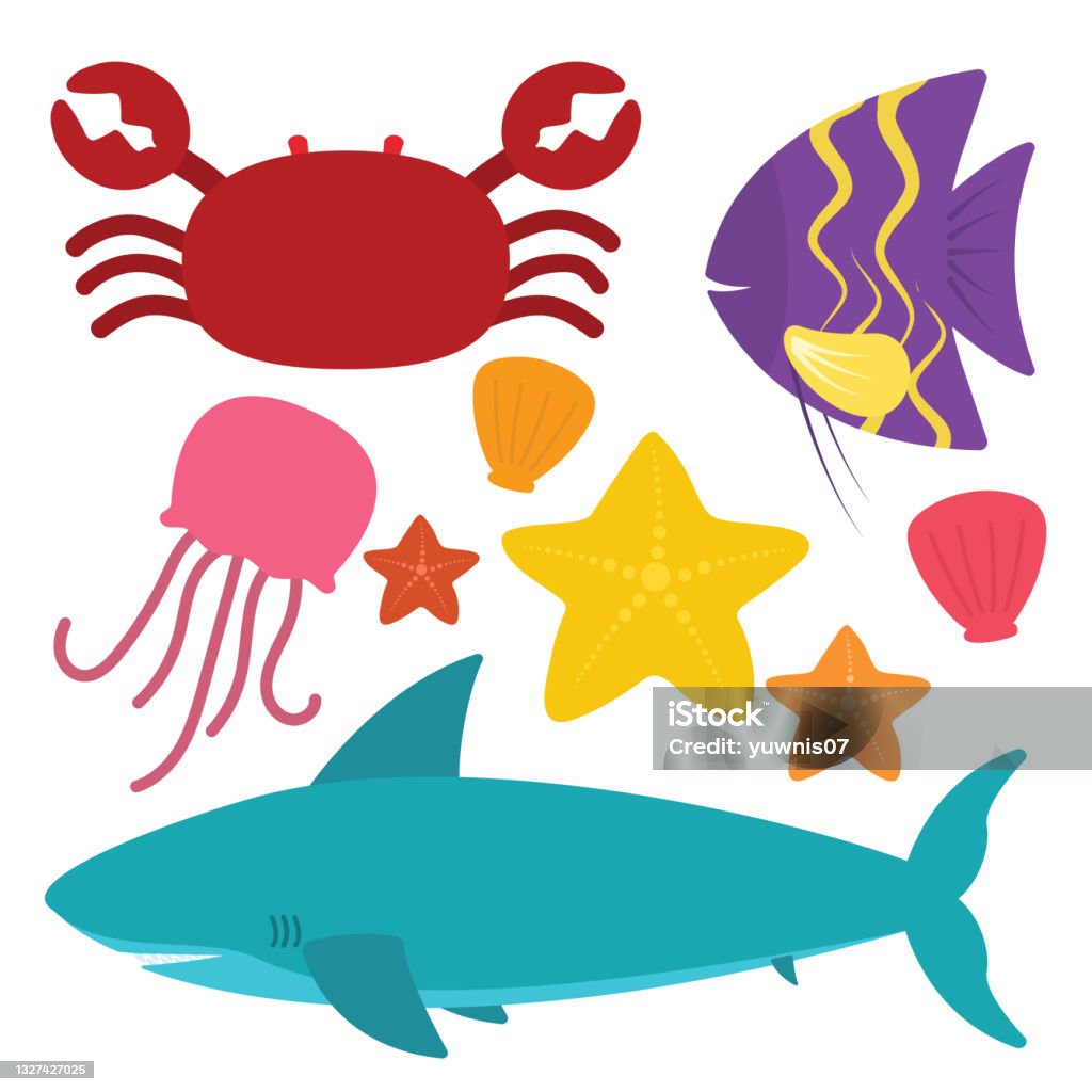 Sea Animals Collection In Flat Crab Shark Clam Fish Jellyfish Starfish Vector Stock Illustration - Download Image Now - iStock Sea Animals Collection In Flat Crab Shark Clam Fish Jellyfish Starfish Vector Stock Illustration - Download Image Now - iStock