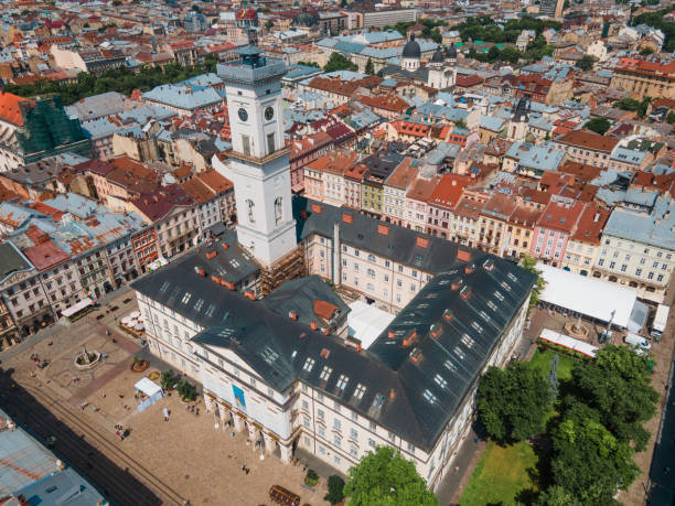 istock overhead view lviv city hall bell tower building 1327427057