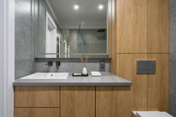 istock Modern design in bathroom with wood decor and terrazzo tiles 1327428196