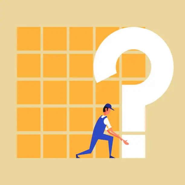 Vector illustration of Manual worker holding question markt.