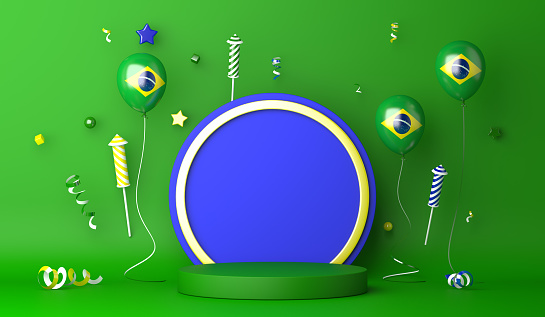 Brazil independence day decoration display podium background with balloon, firework rocket, confetti, copy space text, 3D rendering illustration