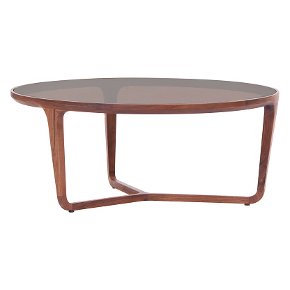 Mesa de centro redonda de madera marrón, mesa de comedor, mesa de revistas. Diseñador moderno, mesa aislada sobre fondo blanco photo