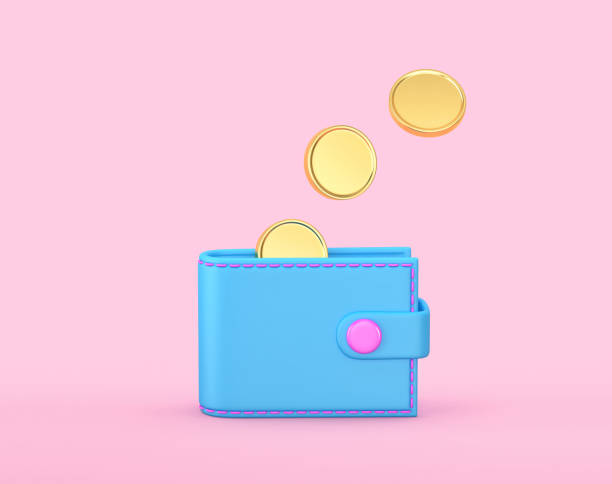 istock Blue wallet and falling gold coins isolated on pink background 1327428432