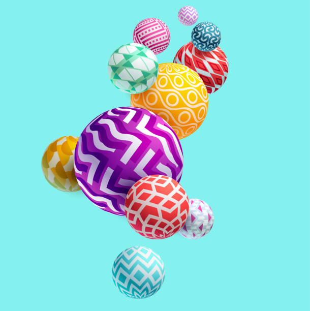 ilustrações, clipart, desenhos animados e ícones de bolas estampadas 3d multicoloridas - 2655