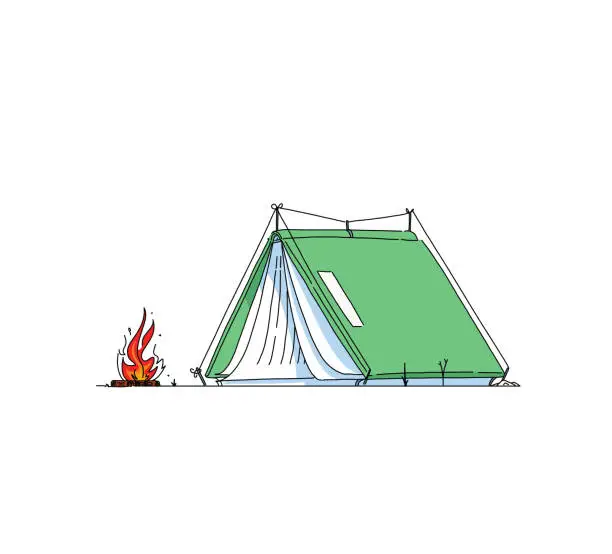 Vector illustration of Readers escaping into their books while reading stories, adventures and tales. Enjoying summer and camping in large tents shaped like books. Simple and clean black and white line illustration with bright color.