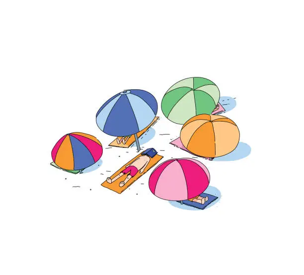 Vector illustration of Readers escaping into their books while reading stories, adventures and tales. Enjoying summer and falling asleep on the beach with a book on the face, colorful umbrellas and beach towel all around. Simple and clean line illustration.