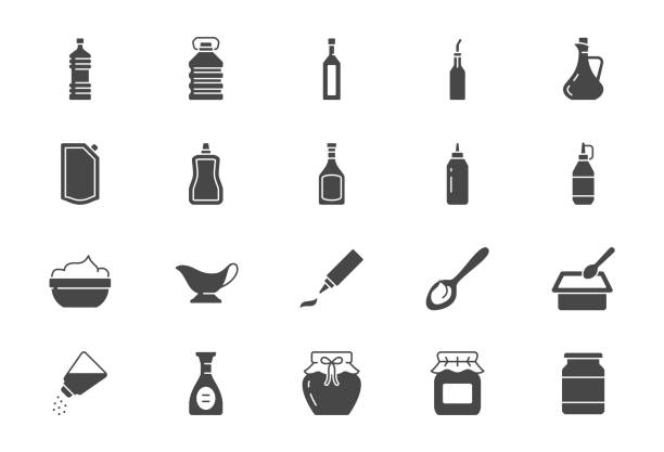 소스 플랫 아이콘. 벡터 일러스트는 아이콘을 포함 - 용기, 컵, 식초, 마요네즈, 케첩, 사워 크림, 치즈 소스, 음식 향신료를위한 글리프 실루엣 pictogram. 블랙 컬러 - tomato sauce jar stock illustrations