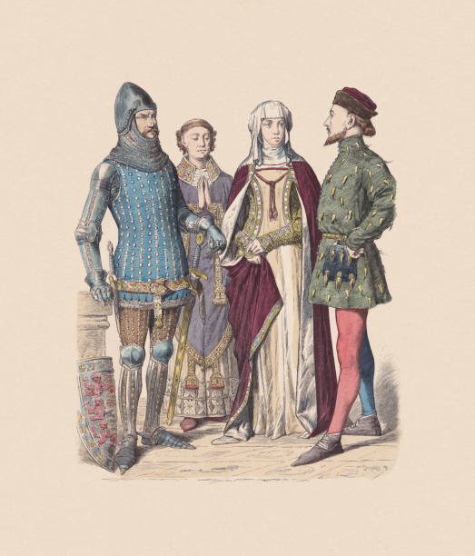 14th century, English costumes, hand-colored wood engraving, published c.1880 14th century, English costumes: Knight (1365). Cleric (1330). Noblewoman (1350). Nobleman (1390, left to right). Hand colored wood engraving, published ca. 1880. circa 14th century stock illustrations