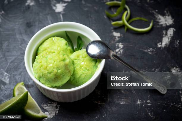 Homemade Lime Fruit Ice Cream Balls Served In A Cup Table Top View Cold And Refreshing Organic Dessert For The Summer Stock Photo - Download Image Now