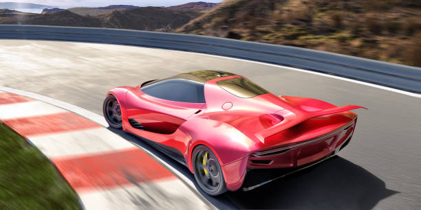 voiture de sport électrique rouge en vue arrière se déplaçant autour de la piste de course à grande vitesse - luxury sports car red supercar photos et images de collection