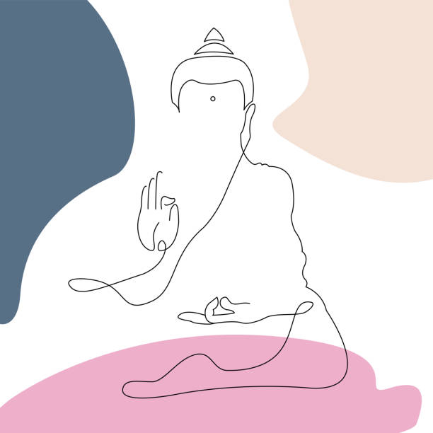 illustrazioni stock, clip art, cartoni animati e icone di tendenza di silhouette di un'arte di linea di buddha isolato su sfondo bianco per logo, biglietti d'auguri, biglietto da visita. una linea continua disegnata buddha statua carattere buddista in stile minimalista - buddha