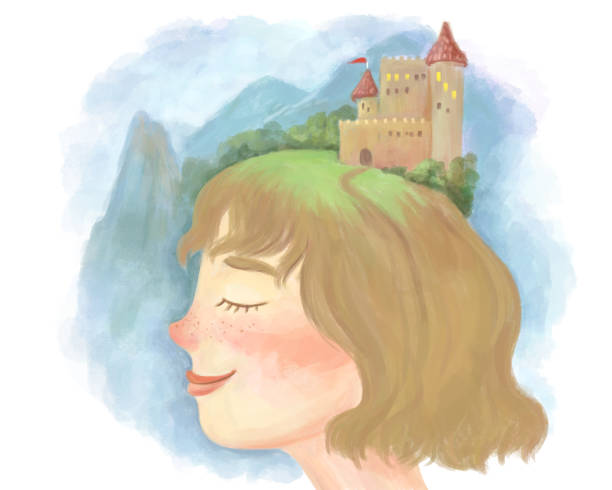 a dreaming girl who composes fairy tales in her imagination. Landscape of a beautiful ancient castle against the background of high mountains, a fabulous story a dreaming girl who composes fairy tales in her imagination. Landscape of a beautiful ancient castle against the background of high mountains, a fabulous story disney character free background stock illustrations