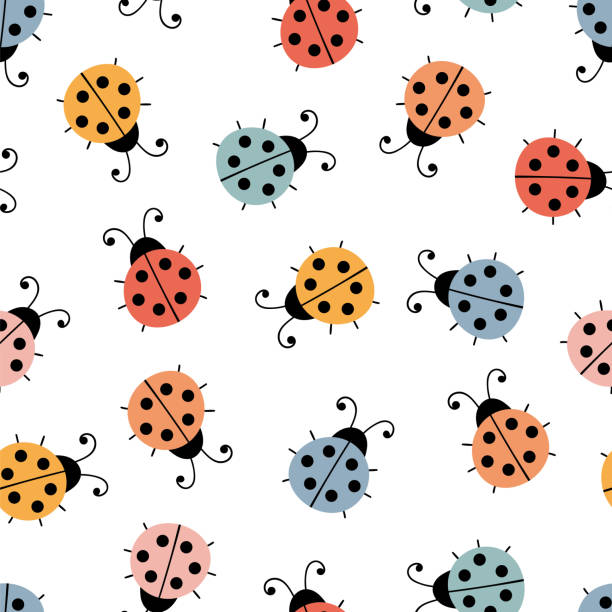 hand gezeichnet nahtlose muster mit marienkäfer. netter hintergrund. einfaches grafikdesign. skandinavischer stil - ladybug stock-grafiken, -clipart, -cartoons und -symbole