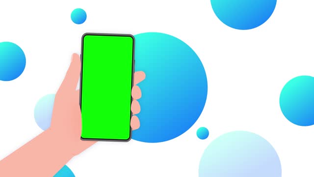 Hand holds phone with mock up screen. Phone on white background. Motion graphics.