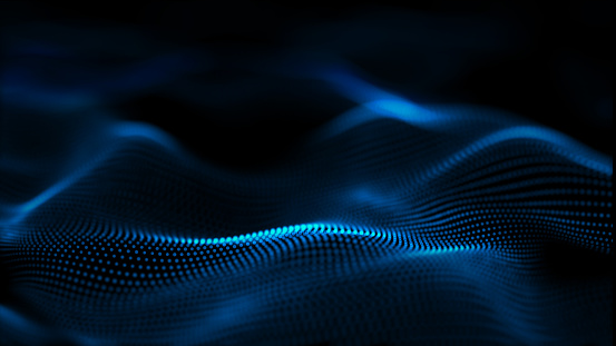 3d illustration of abstract blue background with a dynamic wave. Concept of particles.