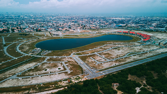 Lekki, Lagos - Nigeria - July 2 2021: panoramic view of Julius Berger Quarry Lekki. This is a place where rocks, sand, or minerals are extracted from the surface of the Earth.