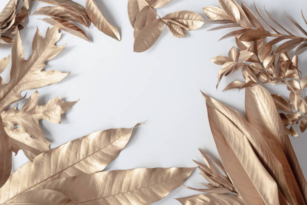 istock Gold tropical palm leaves Monstera on white background. Flat lay 1327435475