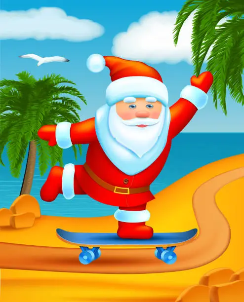 Vector illustration of Summer Christmas Santa on the Beach