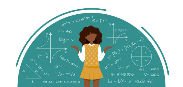 vektor-illustration von afro-amerikanischen schulmädchen in uniform. verwirrter student - confusion mathematics student mathematical symbol stock-grafiken, -clipart, -cartoons und -symbole