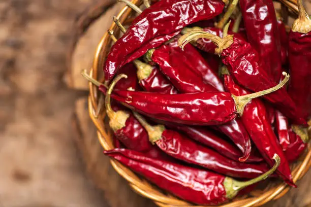 Photo of Dried red peppers in a bowl top view