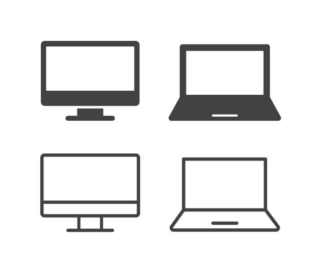 ilustraciones, imágenes clip art, dibujos animados e iconos de stock de equipo- iconos de ilustración - ordenador portátil