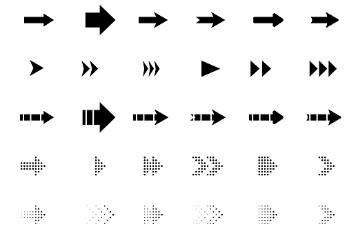 Vector set of black arrows on an isolated transparent background. Pointers, arrows. Vector.