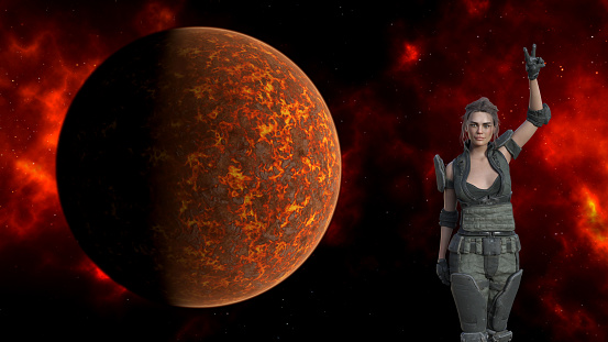 3d illustration of a futuristic female walking with one arm up and fingers formed to a victory sign against a red nebula and fiery planet in the background.