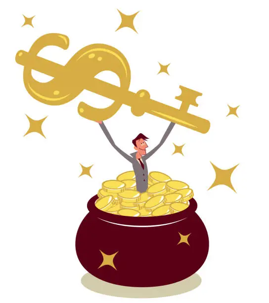 Vector illustration of Happy businessman jumping into a pot (jug) full of money and lifting a big gold Dollar-shaped key. The Key to Financial Success